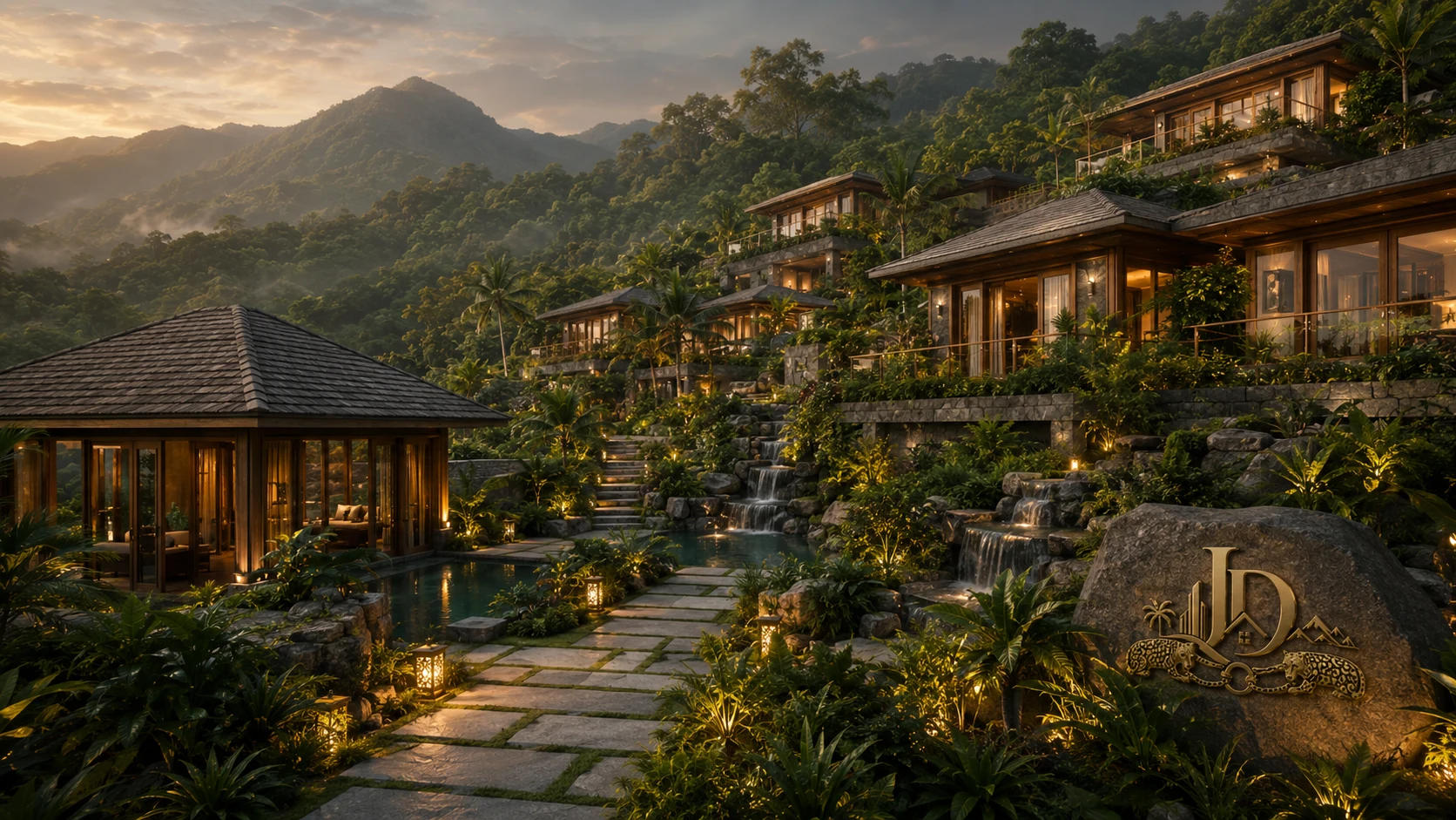 A conceptual Joland Dreams hillside eco-luxury resort with villas and water features
