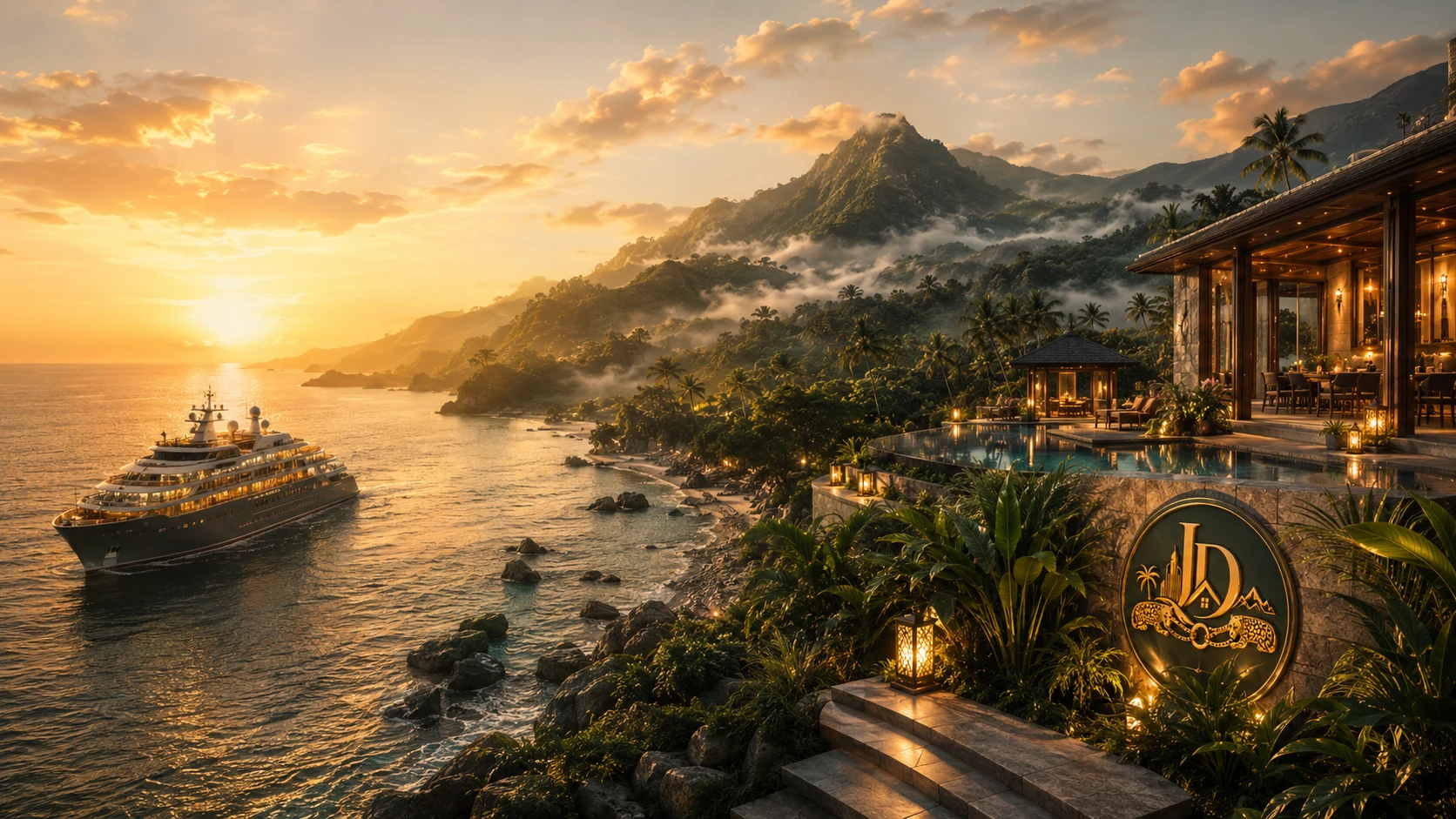 Luxury ocean journey flowing into misty mountains and a Joland Dreams destination